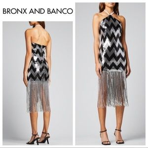 BRONX & BANCO Gatsby Sequin Chevron Fringe-Hem Halter Dress